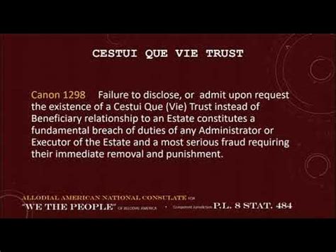 A phrase that is derived from medieval England and adopted by French law, <b>Cestui</b> <b>que</b> <b>trust</b> can be translated as “he for who the benefit of the <b>trust</b> was created”. . Every taxpayer is a cestui que trust